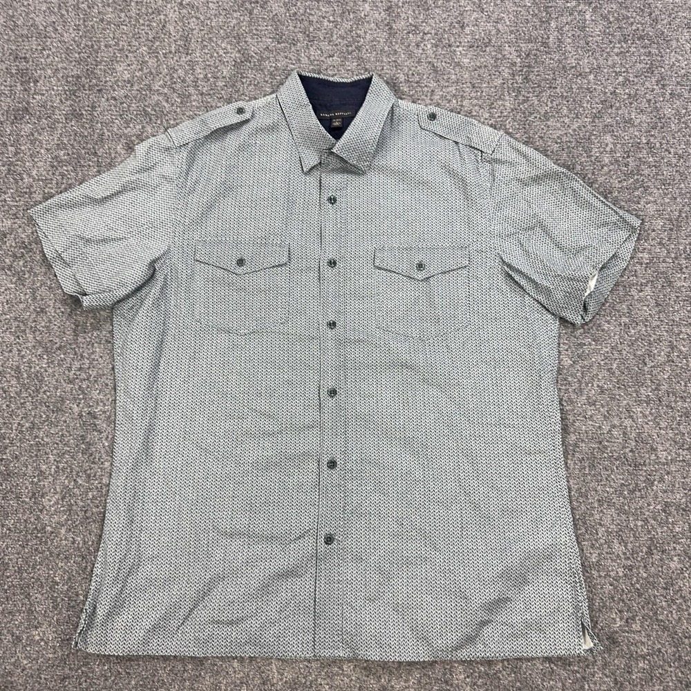 Banana Republic‎ Shirt Mens L Gray Geometric Cotton Linen Short Sleeve Button Up
